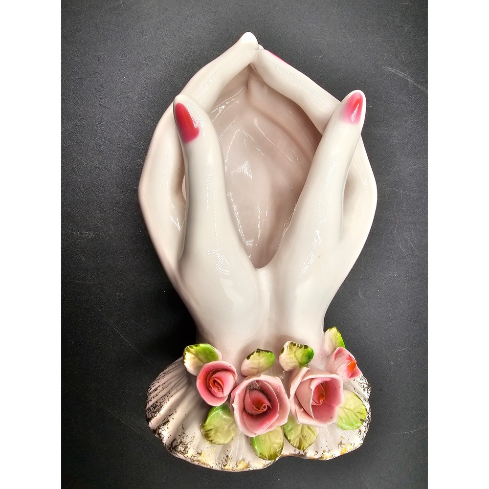 Vintage Lefton China Hand Painted Lady Hands Wall Pocket Vase Pink Roses Japan